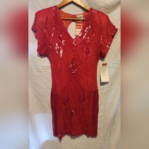 Vintage Tan-Chho 100% Silk Beaded Red Dress Women's XL W/Tags